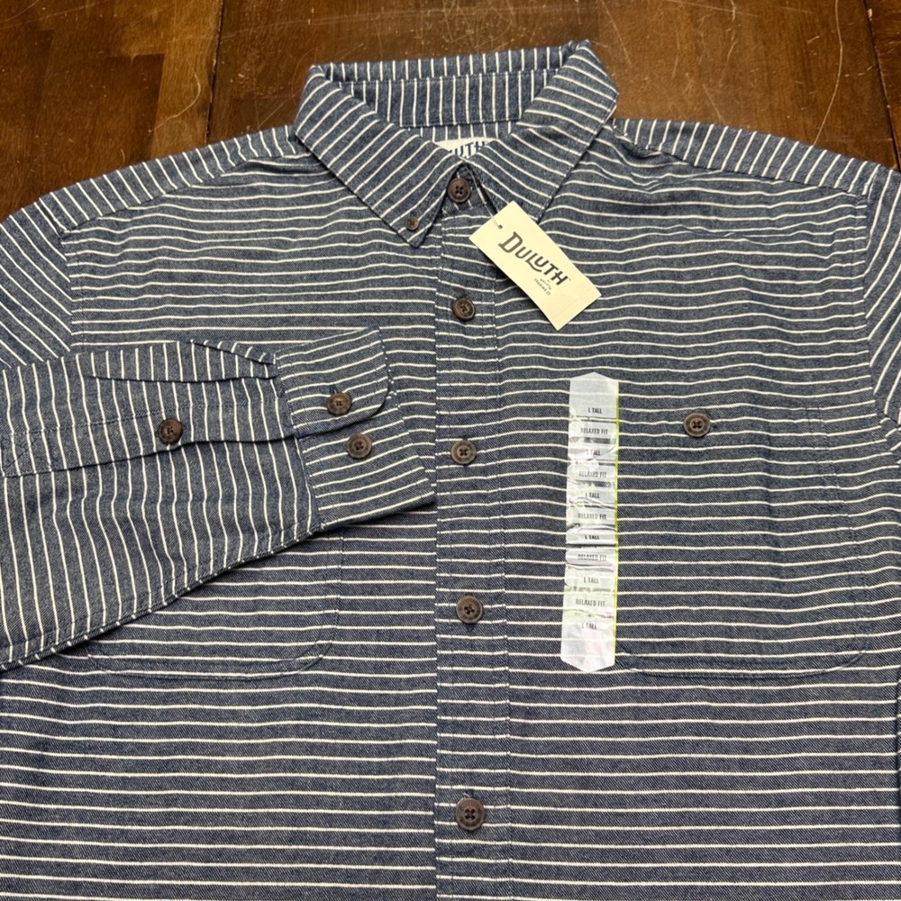 New Duluth Free Swingin Flannel Shirt Mens L Tall Blue Striped Relaxed Fit 52007